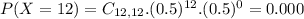 P(X = 12) = C_{12,12}.(0.5)^{12}.(0.5)^{0} = 0.000
