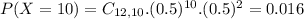 P(X = 10) = C_{12,10}.(0.5)^{10}.(0.5)^{2} = 0.016