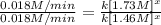\frac{0.018 M/min}{0.018 M/min}=\frac{k[1.73 M]^x}{k[1.46 M]^x}