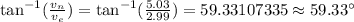 \tan^{-1}(\frac {v_n}{v_e})=\tan^{-1}(\frac {5.03}{2.99})=59.33107335\approx 59.33^{\circ}