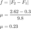 f=|F_2-F_1|\\\\\mu=\dfrac{2.62-0.3}{9.8}\\\\\mu = 0.23