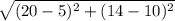 \sqrt{(20-5)^{2}+(14-10)^{2}}