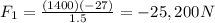 F_1=\frac{(1400)(-27)}{1.5}=-25,200 N