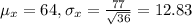 \mu_{x} = 64, \sigma_{x} = \frac{77}{\sqrt{36}} = 12.83
