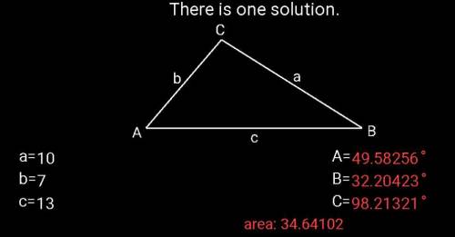 Find the size of all three angles in a triangle that has side lengths 10 m, 7m and 13 m. Round each
