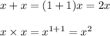 x + x = (1 + 1)x = 2x \\  \\ x \times x =  {x}^{1 + 1}  =  {x}^{2}