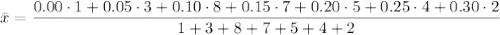 \displaystyle \bar x=\frac{0.00\cdot 1+0.05\cdot 3+0.10\cdot 8+0.15\cdot 7+0.20\cdot 5+0.25\cdot 4+0.30\cdot 2}{1+3+8+7+5+4+2}