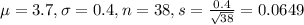 \mu = 3.7, \sigma = 0.4, n = 38, s = \frac{0.4}{\sqrt{38}} = 0.0649