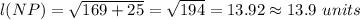 l(NP) = \sqrt{169+25}=\sqrt{194}=13.92\approx 13.9\ units