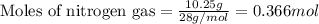 \text{Moles of nitrogen gas}=\frac{10.25g}{28g/mol}=0.366mol