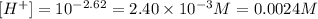 [H^+]=10^{-2.62}=2.40\times 10^{-3}M=0.0024M