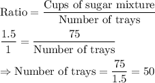 \text{Ratio} = \dfrac{\text{Cups of sugar mixture}}{\text{Number of trays}}\\\\\dfrac{1.5}{1} = \dfrac{75}{\text{Number of trays}}\\\\\Rightarrow \text{Number of trays} = \dfrac{75}{1.5} = 50