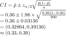 CI=\hat p\pm z_{\alpha/2}\sqrt{\frac{\hat p(1-\hat p)}{n}}\\=0.36\pm 1.96\times\sqrt{\frac{0.36(1-0.36)}{900}}\\=0.36\pm0.03136\\=(0.32864, 0.39136)\\\approx(0.33, 0.39)