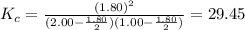 K_c=\frac{(1.80)^2}{(2.00-\frac{1.80}{2})(1.00-\frac{1.80}{2})}=29.45