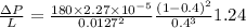 \frac{\Delta P}{L}=\frac{180 \times 2.27 \times 10^{-5}}{0.0127^{2}} \frac{(1-0.4)^{2}}{0.4^{3}} 1.24