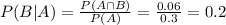 P(B|A) = \frac{P(A \cap B)}{P(A)} = \frac{0.06}{0.3} = 0.2