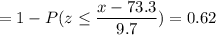 = 1 -P( z \leq \displaystyle\frac{x - 73.3}{9.7})=0.62