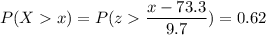 P( X  x) = P( z  \displaystyle\frac{x - 73.3}{9.7})=0.62