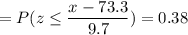 =P( z \leq \displaystyle\frac{x - 73.3}{9.7})=0.38