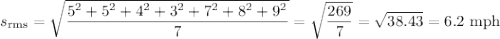 s_\text{rms} = \sqrt{\dfrac{5^2+5^2+4^2+3^2+7^2+8^2+9^2}{7}} = \sqrt{\dfrac{269}{7}} = \sqrt{38.43} = 6.2 \text{ mph}