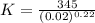 K = \frac{345}{(0.02)^{0.22}}