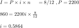 I=P\times i \times n  \ \ \ \ \n=8/12 \ ,P=2200\\\\860=2200i\times \frac{8}{12}\\\\i=0.5864