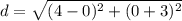 d=\sqrt{(4-0)^2+(0+3)^2}