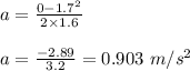 a=\frac{0-1.7^2}{2\times 1.6}\\\\a=\frac{-2.89}{3.2}=0.903\ m/s^2