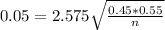 0.05 = 2.575\sqrt{\frac{0.45*0.55}{n}}