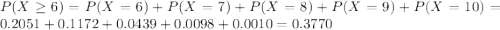 P(X \geq 6) = P(X = 6) + P(X = 7) + P(X = 8) + P(X = 9) + P(X = 10) = 0.2051 + 0.1172 + 0.0439 + 0.0098 + 0.0010 = 0.3770
