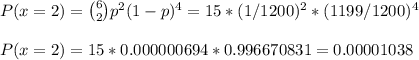P(x=2)=\binom{6}{2}p^2(1-p)^4=15*(1/1200)^2*(1199/1200)^4\\\\P(x=2)=15* 0.000000694*0.996670831= 0.00001038
