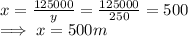 x = \frac{125000}{y}  = \frac{125000}{250} = 500\\\implies x  = 500 m