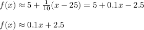 f(x)\approx 5+\frac{1}{10}(x-25)=5+0.1x-2.5\\\\f(x)\approx 0.1x+2.5
