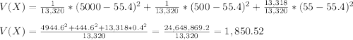 V(X)=\frac{1}{13,320}*(5000-55.4)^2+ \frac{1}{13,320}*(500-55.4)^2+ \frac{13,318}{13,320}*(55-55.4)^2\\\\V(X)=\frac{4944.6^2+444.6^2+13,318*0.4^2}{13,320} =\frac{24,648,869.2}{13,320}= 1,850.52