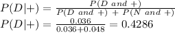 P(D|+)=\frac{P(D\ and\ +)}{P(D\ and\ +) \ +\ P(N\ and\ +)} \\P(D|+)=\frac{0.036}{0.036+0.048}=0.4286