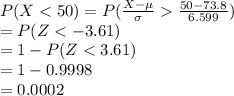 P(X\frac{50-73.8}{6.599})\\=P(Z