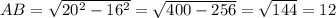 AB=\sqrt{20^2-16^2}=\sqrt{400-256}=\sqrt{144}=12