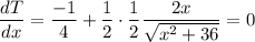 \dfrac{dT}{dx}=\dfrac{-1}{4}+\dfrac{1}{2}\cdot \dfrac{1}{2}\dfrac{2x}{\sqrt{x^2+36}}=0