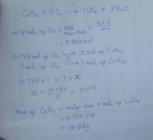The balanced reaction equation for combustion of heptane, C7H16, is C7H16+11O2⟶7CO2+8H2O If the reac