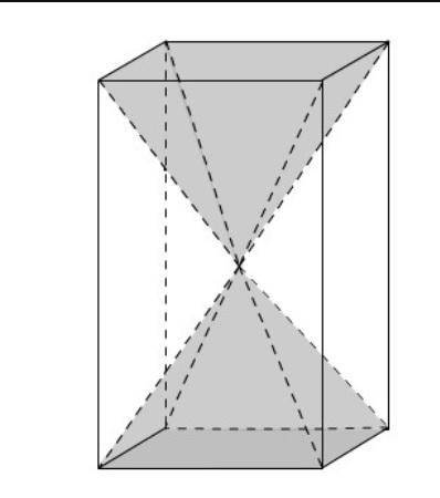 Both pyramids in the figure have the same base area as the prism. The ratio of the combined volume o