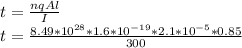 t = \frac{nqAl}{I} \\t = \frac{8.49*10^{28}*1.6 *10^{-19}* 2.1 * 10^{-5} * 0.85}{300}