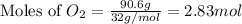 \text{Moles of }O_2=\frac{90.6g}{32g/mol}=2.83mol