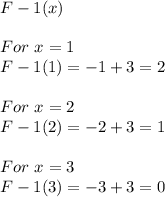 F-1(x)\\\\#For \ x=1\\F-1(1)=-1+3=2\\\\#For \ x=2\\F-1(2)=-2+3=1\\\\#For \ x=3\\F-1(3)=-3+3=0