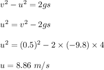 v^2-u^2=2gs\\\\u^2=v^2-2gs\\\\u^2=(0.5)^2-2\times (-9.8)\times 4\\\\u=8.86\ m/s