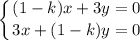 \displaystyle \left \{ {{(1-k)x+3y=0} \atop {3x+(1-k)y=0}} \right.
