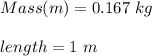 Mass(m) = 0.167\ kg\\\\length  = 1\  m