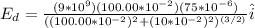 E_d = \frac{(9*10^9)(100.00*10^{-2})(75*10^{-6})}{((100.00*10^{-2})^2+(10*10^{-2})^2)^{(3/2)}} \hat{i}