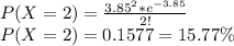 P(X=2) =\frac{3.85^2*e^{-3.85}}{2!}\\P(X=2) =0.1577=15.77\%