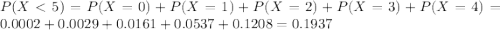P(X < 5) = P(X = 0) + P(X = 1) + P(X = 2) + P(X = 3) + P(X = 4) = 0.0002 + 0.0029 + 0.0161 + 0.0537 + 0.1208 = 0.1937