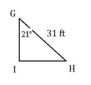 In ΔGHI, the measure of ∠I=90°, the measure of ∠G=21°, and GH = 31 feet. Find the length of IG to th